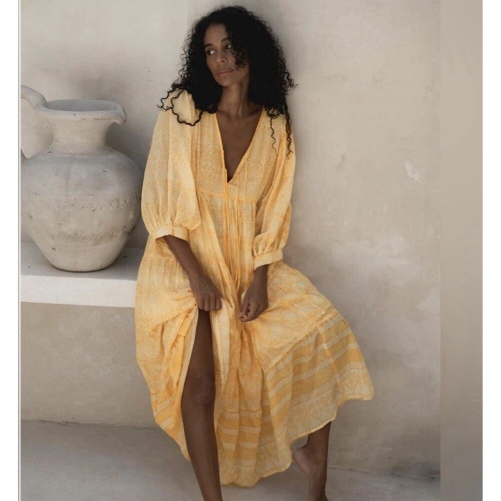 New NWT Daughters of India Jasmine Size L Maxi Dress Mango Yellow Cotton - Picture 3 of 14